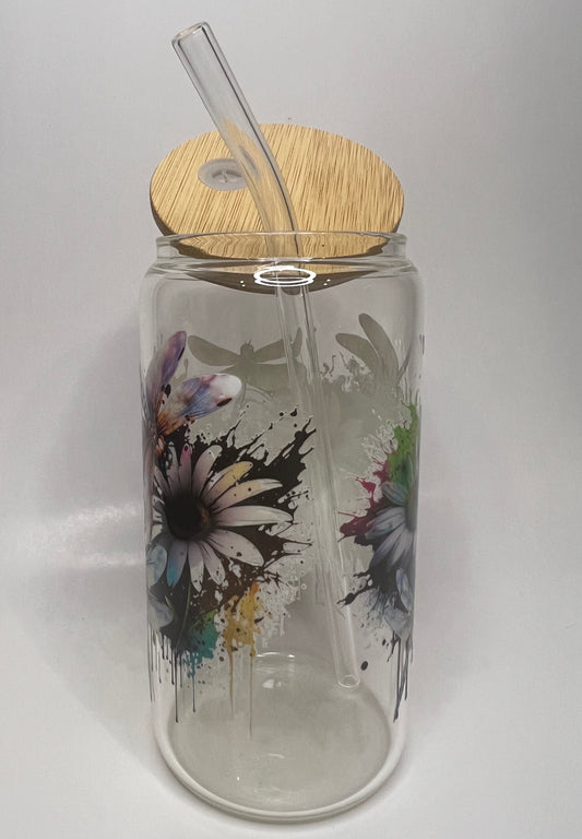 16 oz. Dragonfly Flower Glass Cup