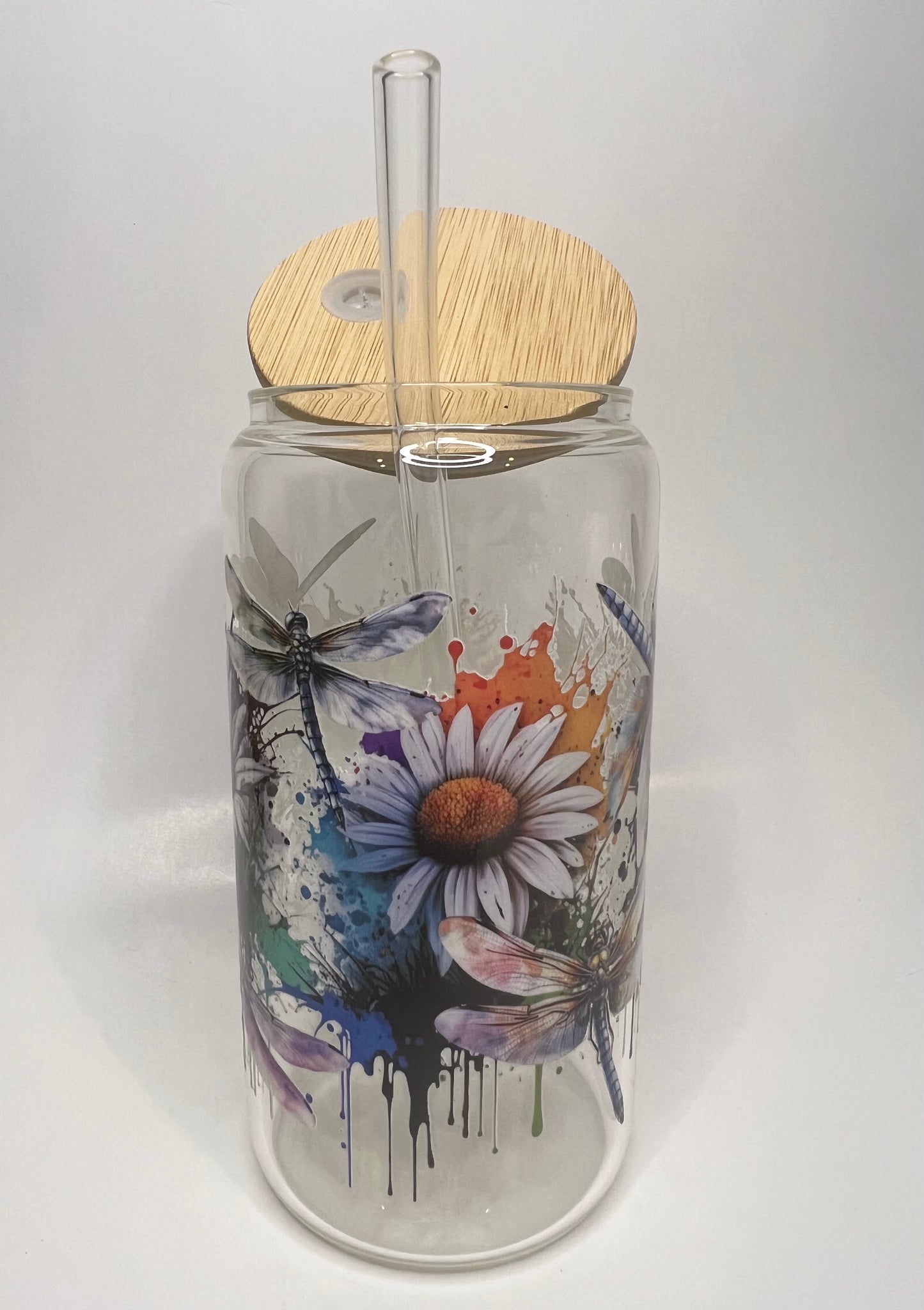 16 oz. Dragonfly Flower Glass Cup