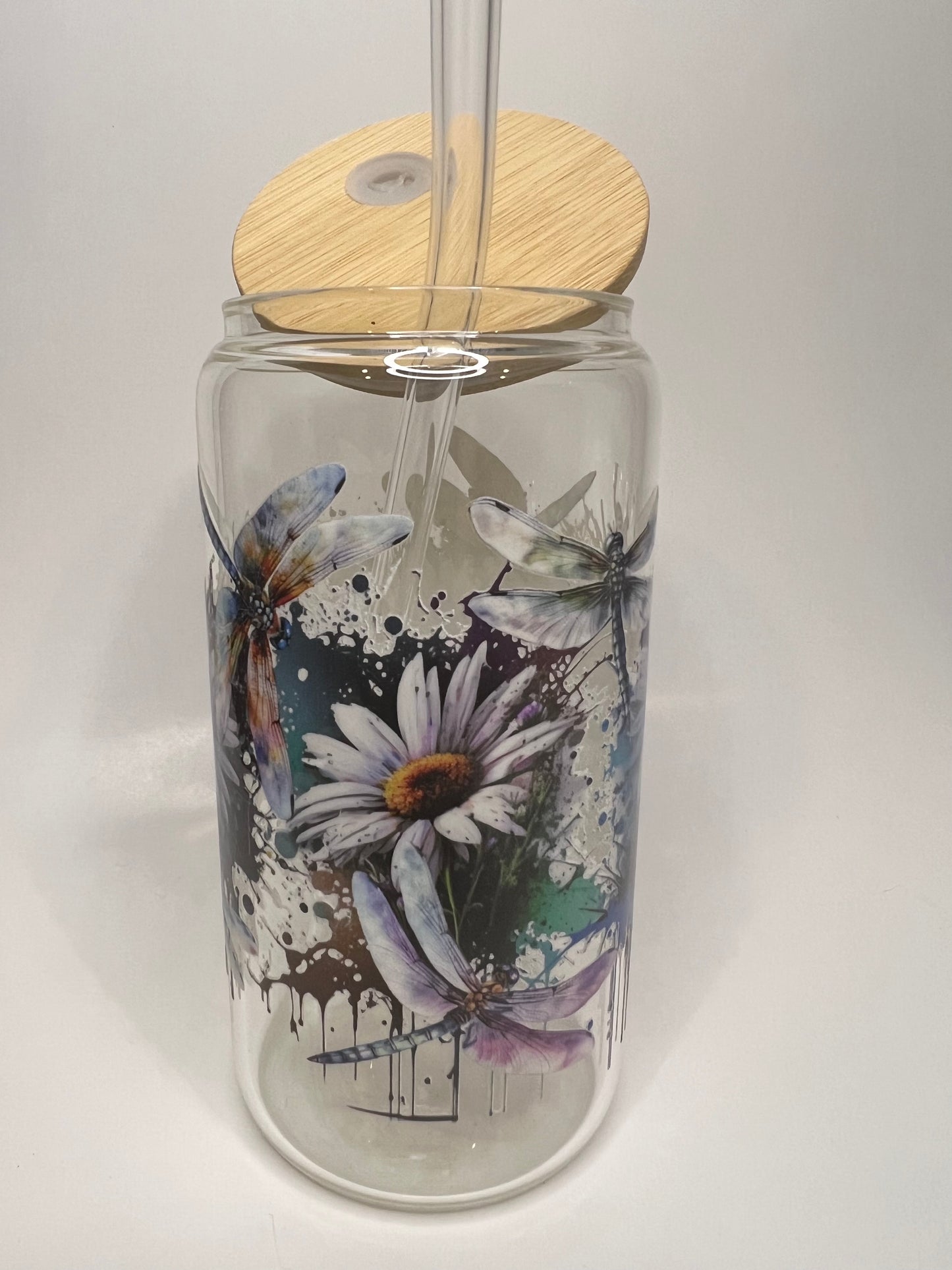 16 oz. Dragonfly Flower Glass Cup